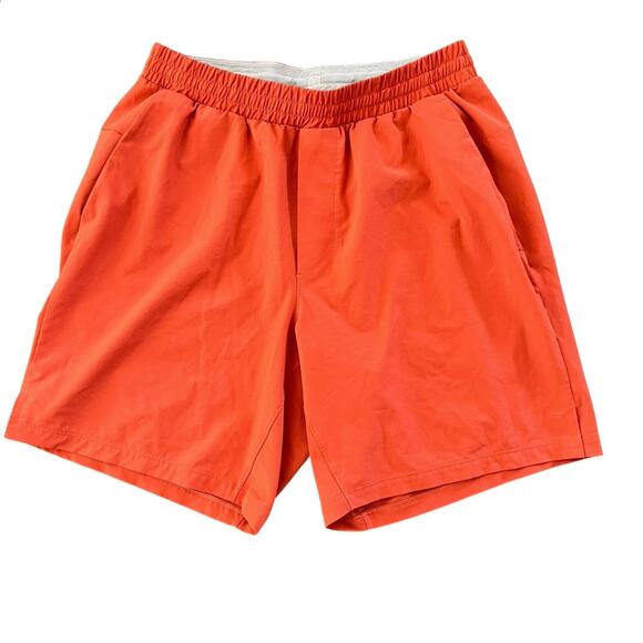 LULULEMON Men's Elastic Waist Shorts Orange Medium Drawstring Pockets Logo - Picture 1 of 5